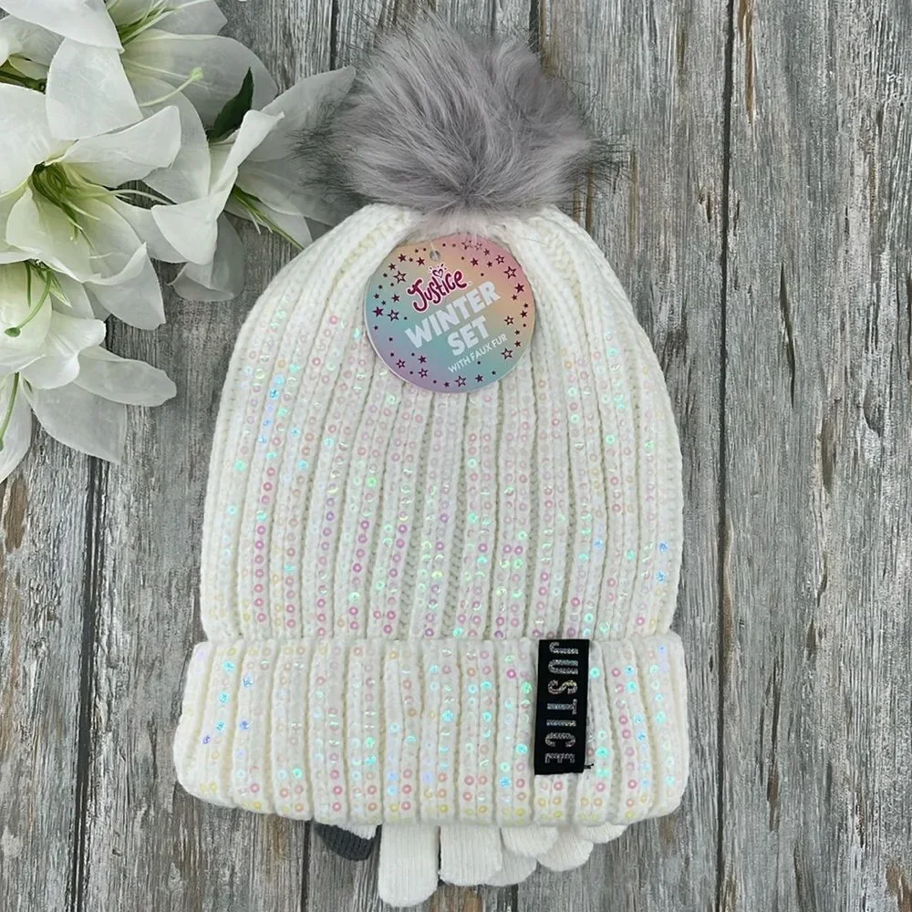 Girls Justice Ribbed & Full Print Winter Cozy Beanie and Gloves 2, 2-Piece Sets